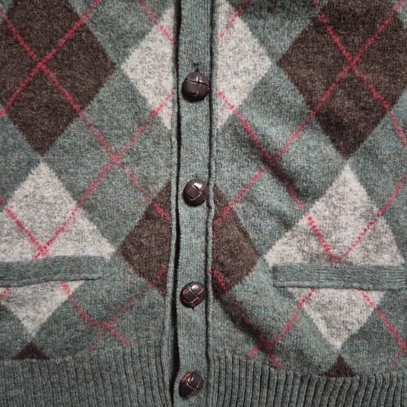J. Crew Cardigan Sweater Lambs Wool Size Medium M Argyle Green Brown Gray Preppy - Picture 7 of 13